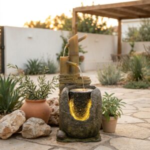 מזרקת מים דקורטיבית מבמבוק ודמוי סלע
