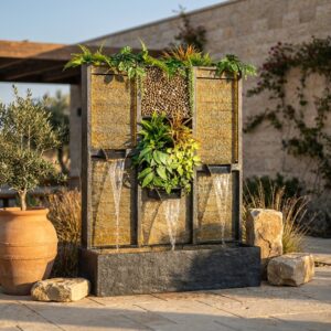 קיר מים דקורטיבי עם צמחייה מלאכותית